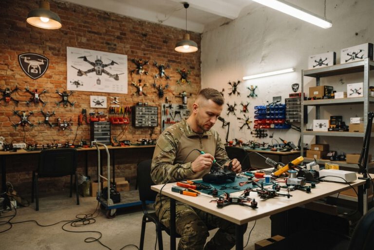 Військовий у камуфляжі складає FPV-дрон у майстерні; на стіні — рами дронів і схеми складання